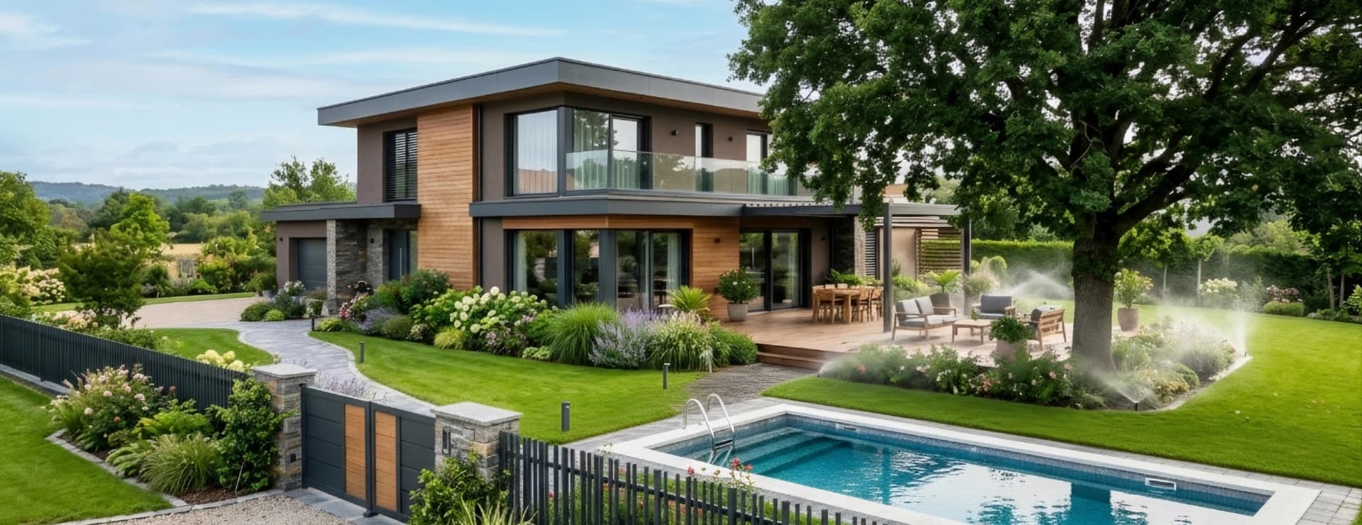 Maison avec jardin paysager : terrasse, clôture, pelouse et plantations